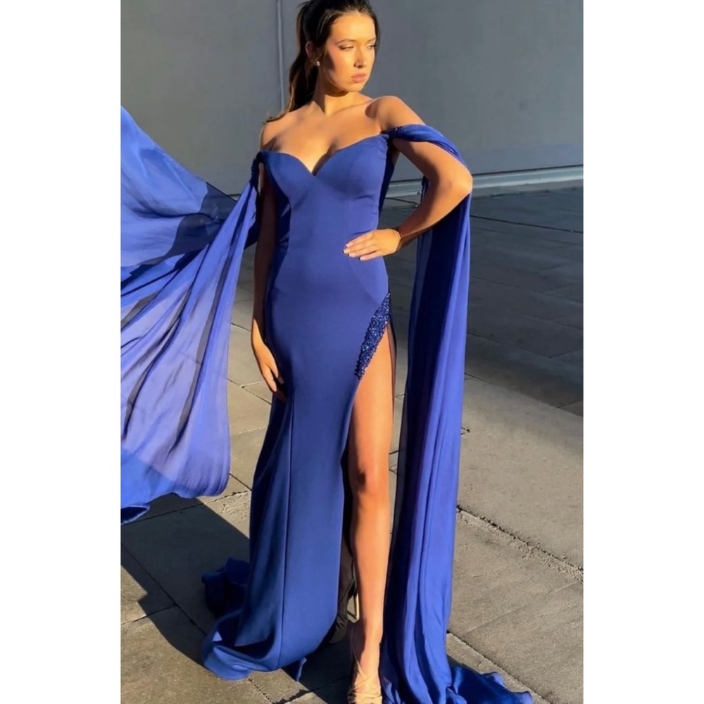 Jovani 07652 MAKE AN OFFER royal blue pageant prom cape dress